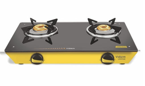 Vidiem Gas Stove Vantage (Yellow) | 2 Burner Gas Stove | Manual Ignition | 8mm Toughened Glass Top Gas Stove | Safety, Reliability, High Efficiency | ISI Certified | 2 years warranty (2 Burner)